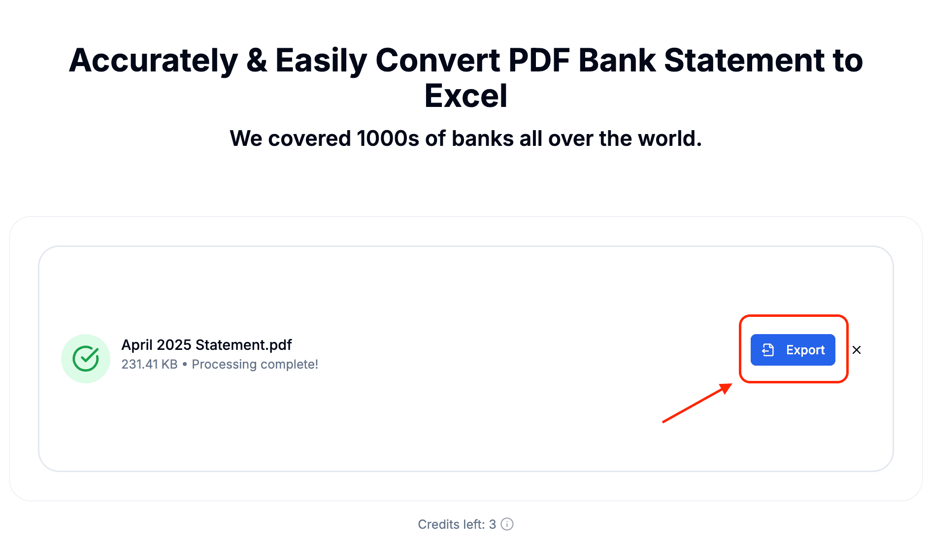 Screenshot of clicking the convert to Excel button on BankStatement-Convert.com